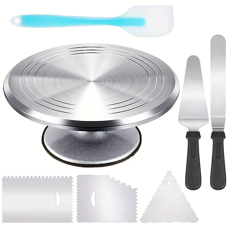 7pcs, 12 Inch Cake Turntable Cake Decorating Kit Supplies, Baking Supplies Aluminium Alloy Revolving Cake Decorating Stand, With 3 Icing Smoother, Icing Spatula, Silicone Spatula, Cake Cutter