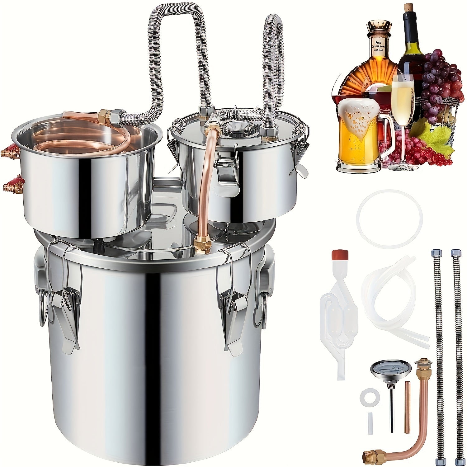 Set, Alcohol Still, 3 Gallon, Stainless Steel Alcohol Distiller With Copper Tube & Build-in Thermometer & Water Pump, Double Thumper Keg Home Brewing Kit, For DIY Whiskey Wine Brandy