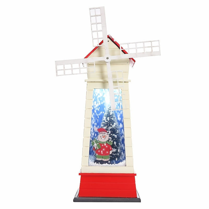 1pc, Christmas Wooden Windmill Snowing Music Box, Christmas Wooden Musical Playing Tea Light Of Room Scenery Props, Christmas Lighthouse Christmas Beacon With Music And Snowing Decoration Props