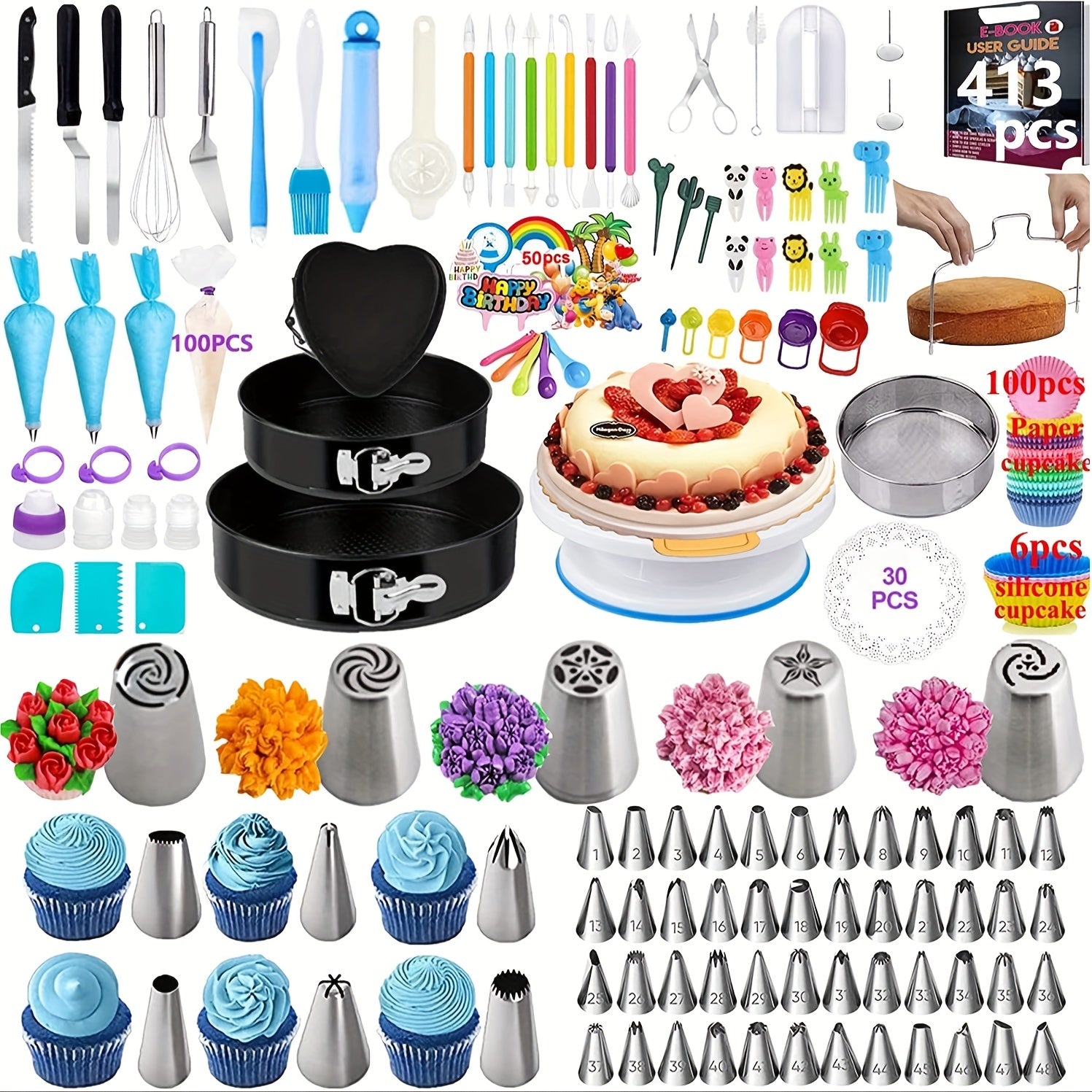 413pcs, Cake Decorating Supplies, Cake Decorating Kit, Cake Rotating Turntable, Piping Icing Tips, Baking Supplies, Cupcake Decorating Kit