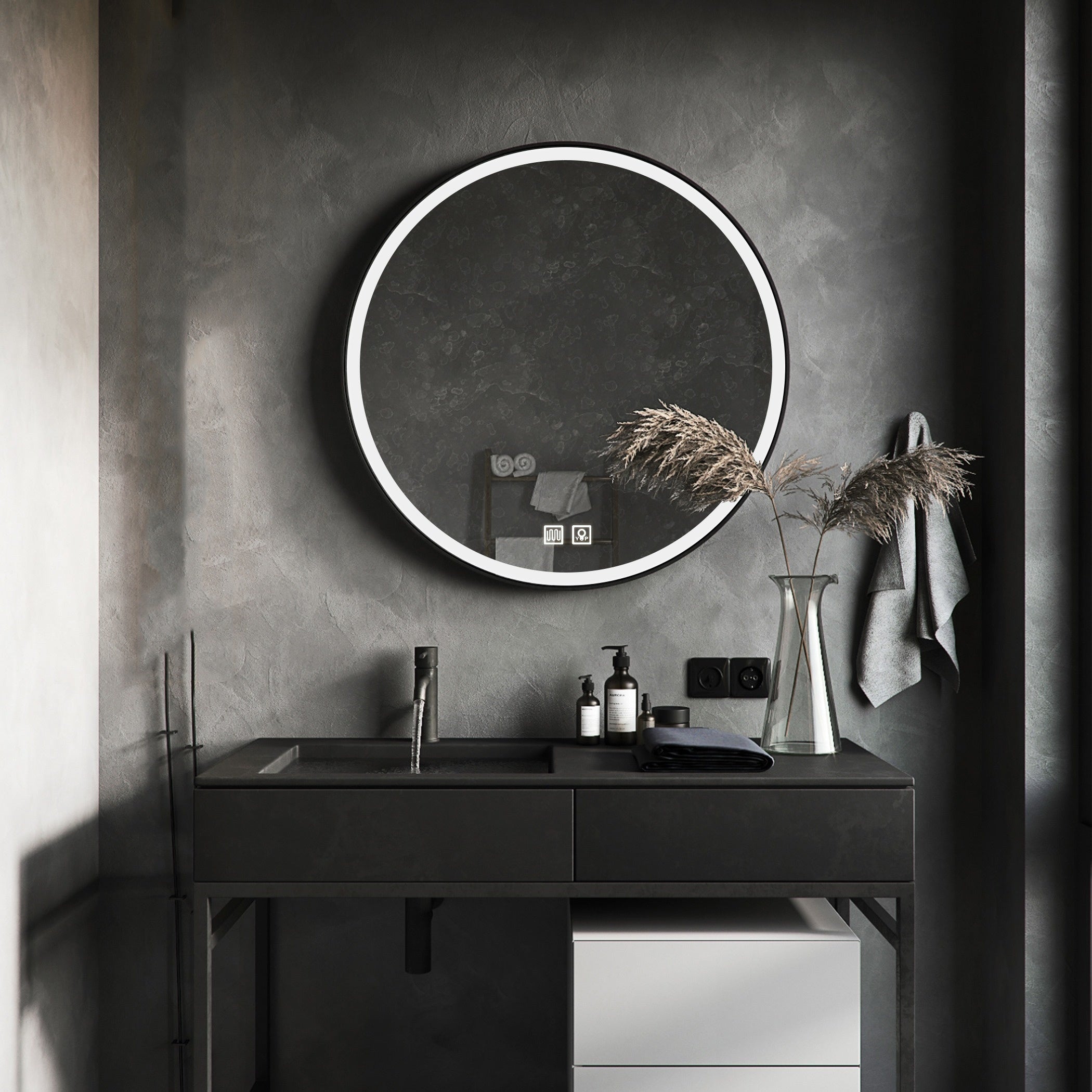 1pc Minimalist Style Black Border Bathroom Mirror, Aluminum Alloy Edging Design, Wall Mirror With Memory Function, Adjustable Brightness, IP54 Enhanced Defogging Function, Explosion-proof Defogging In One, Dual Touch Version, American Standard Plug