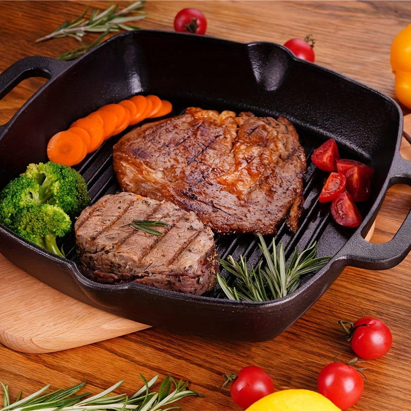 1pc, Iron Griddle Frying Pan (9.84'x11.41'), Kitchen Pre-Seasoned Style Frying Pan Frying Pan Roast Pan, Dining Square Cast Iron Grill Pan Steak Grill Pan With Spouts For Grilling Bacon, Steak And Meat, For Home Kitchen