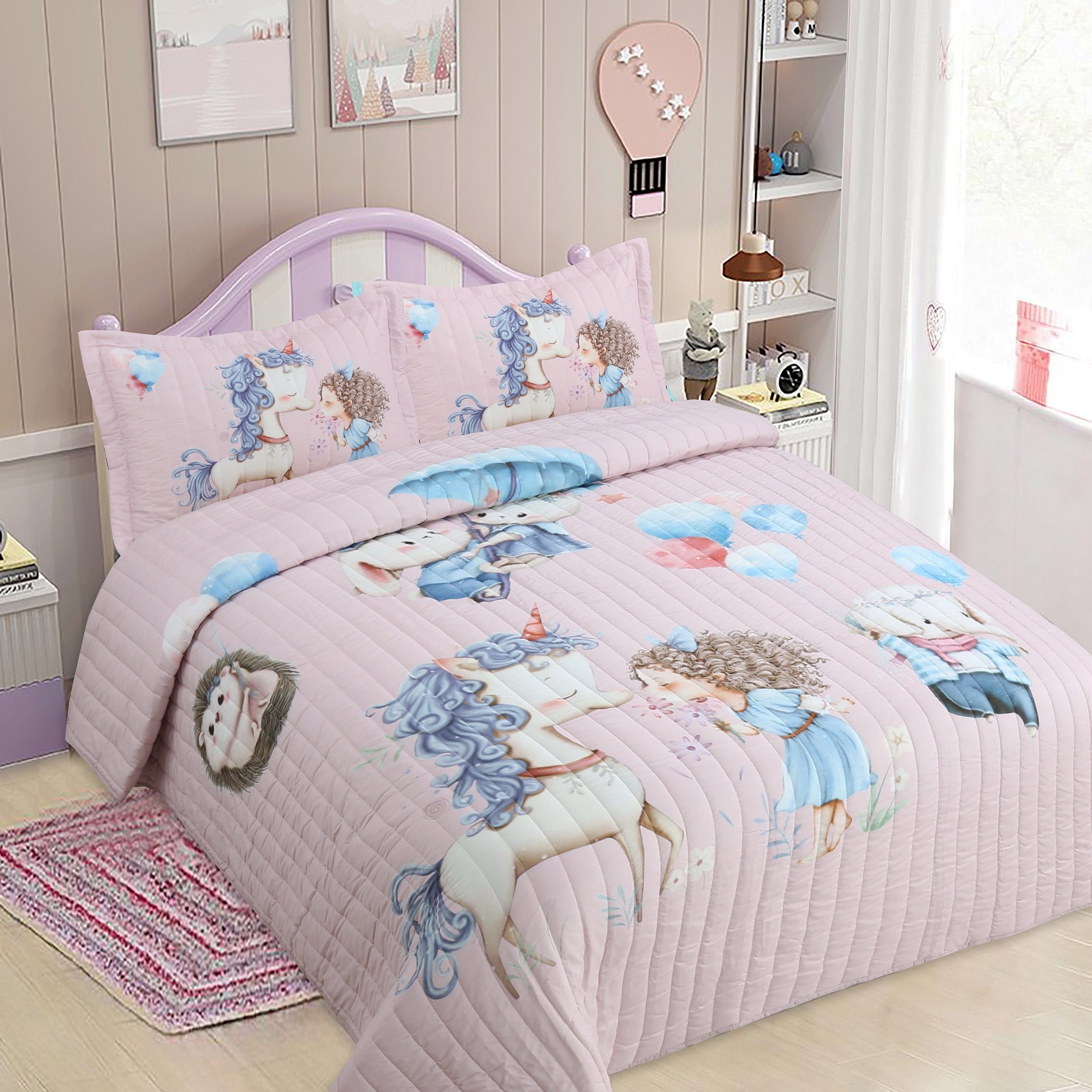 3pcs Soft and Comfortable Unicorn Quilt Set for Kids - Perfect for All Seasons - Machine Washable - Includes 1 Quilt and 2 Pillowcases (Core Not Included)