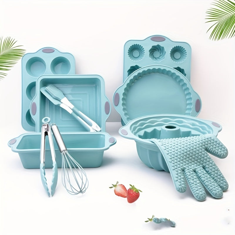 11pcs, Silicone Baking Tools Set, Including Cake Pans, Muffin Pans, Fluted Tube Cake Pans, Oil Brush, Silicone Spatula, Tong, Egg Whisk And Oven Mitt, Kitchen Gadgets, Kitchen Stuff, Kitchen Accessories, Home Kitchen Items