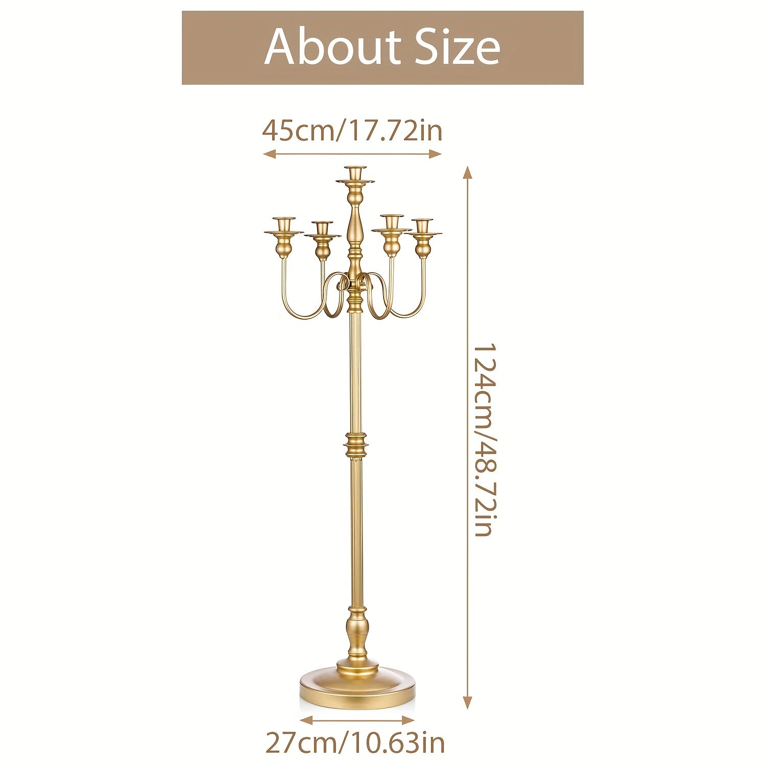 1pc Golden Candelabra For Wedding Event Decor, 50' Tall Candelabra Floor Candle Holders, Metal 5 Arm Candelabra Candle Holder Centerpiece Decorations For 5 Candlesticks Party Wedding Aisle Home Decor