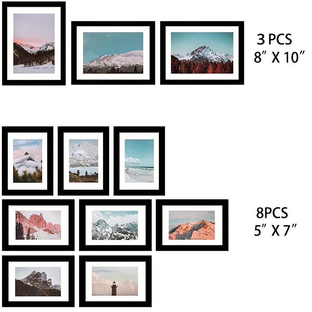 11pcs/set Wall Picture Frames With Hanging Template, Window And Photo Mats, Collage Frames, Home Decor (Black)