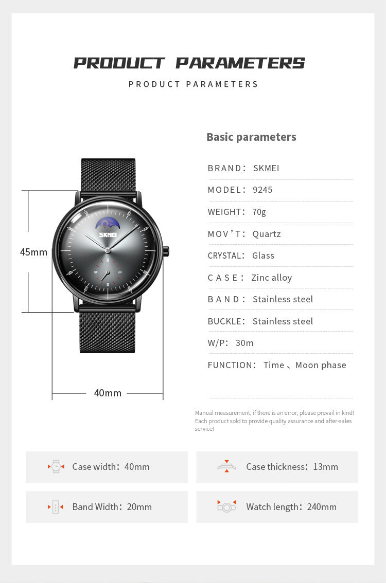 Reloj SKMEI 9245 con fase lunar personalizado para hombre IP67 con correa de acero inoxidable