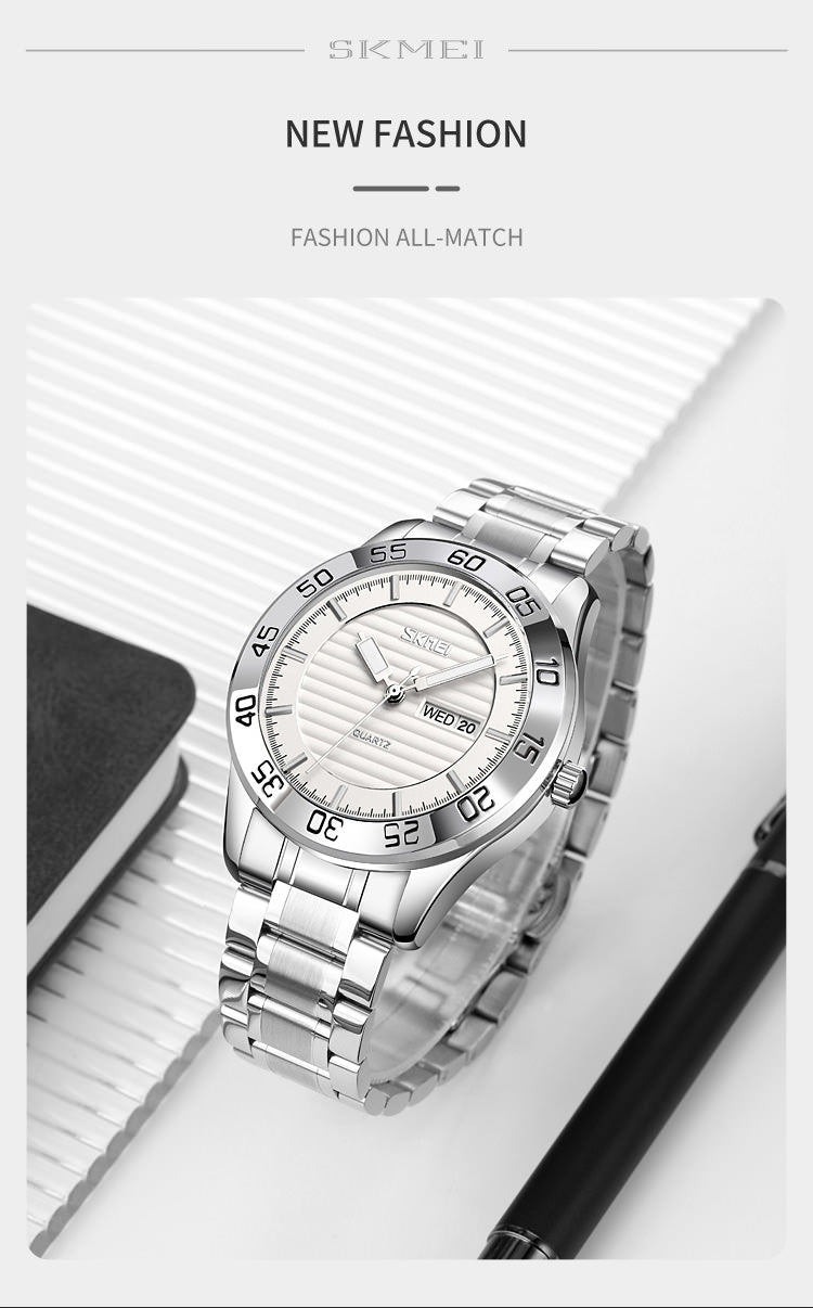 SKMEI 9293 Reloj de pulsera empresarial de acero completo para hombre con fecha y semana