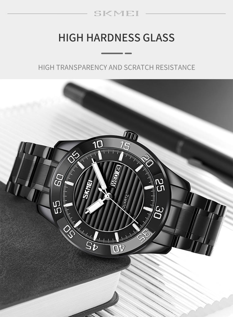 SKMEI 9293 Reloj de pulsera empresarial de acero completo para hombre con fecha y semana