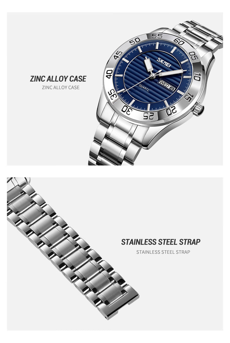 SKMEI 9293 Montre-bracelet d'affaires entièrement en acier pour hommes avec date et semaine