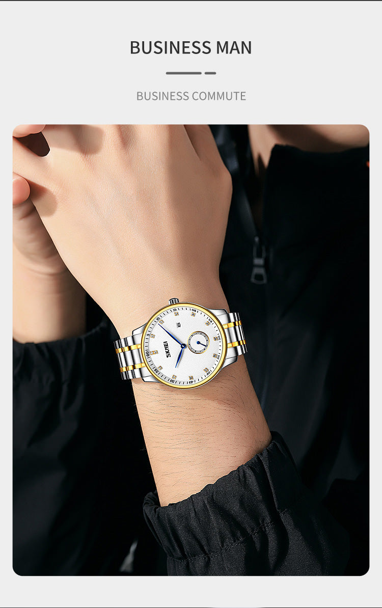 SKMEI 9297 Montre-bracelet en acier inoxydable pour homme avec pointeur bleu et grand cadran numérique