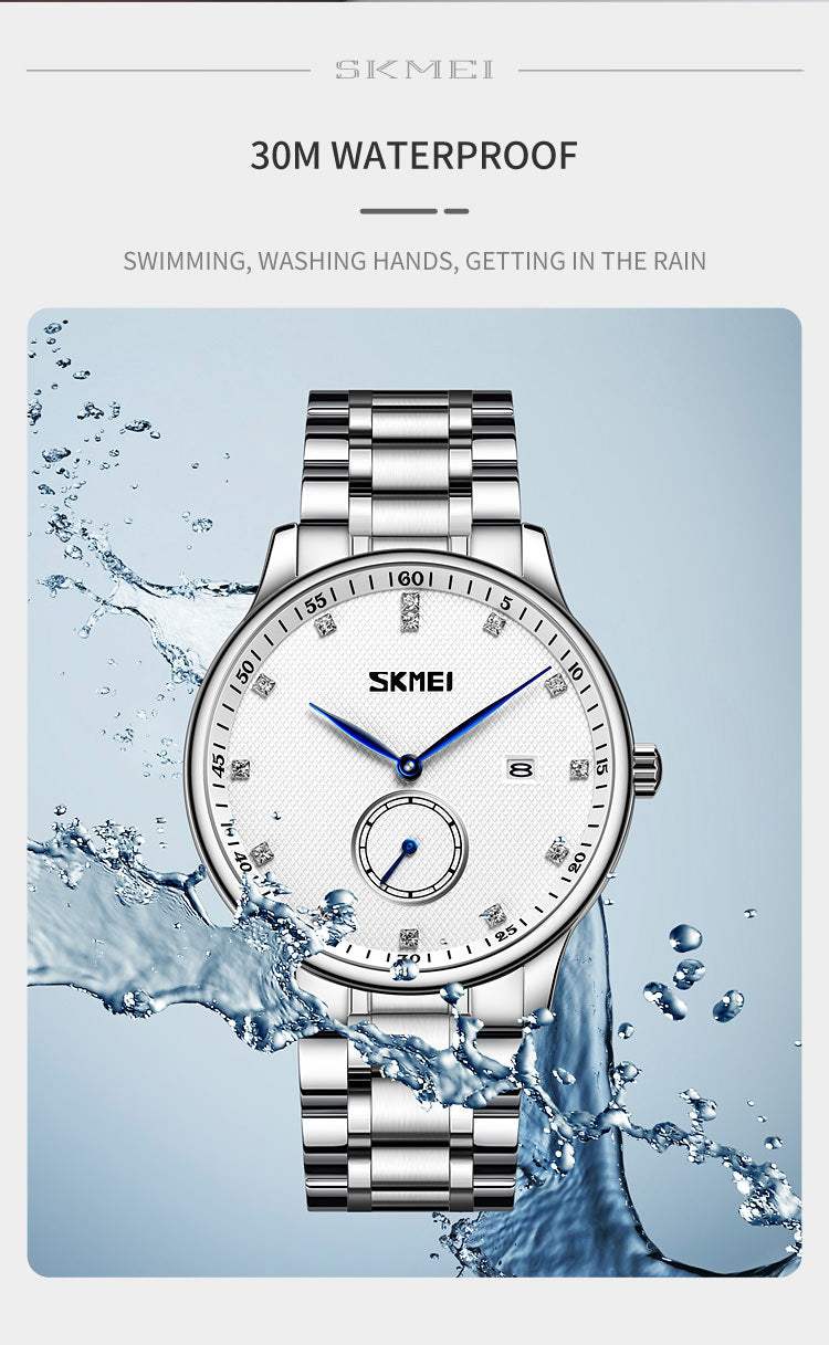 SKMEI 9297 Montre-bracelet en acier inoxydable pour homme avec pointeur bleu et grand cadran numérique