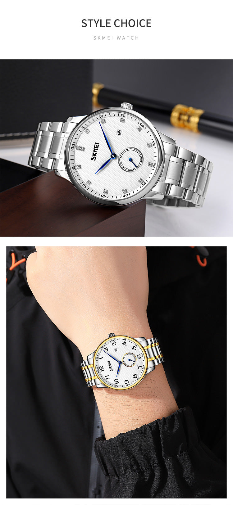 SKMEI 9297 Montre-bracelet en acier inoxydable pour homme avec pointeur bleu et grand cadran numérique
