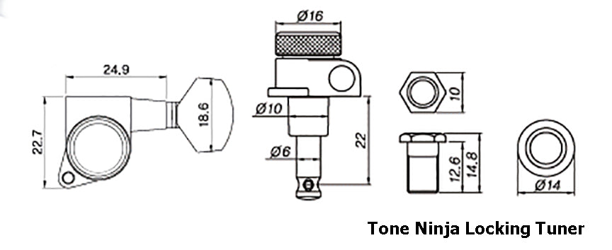Genuine Tone Ninja 19:1 Locking Tuners, 6 Inline Baritone staggered set, Black