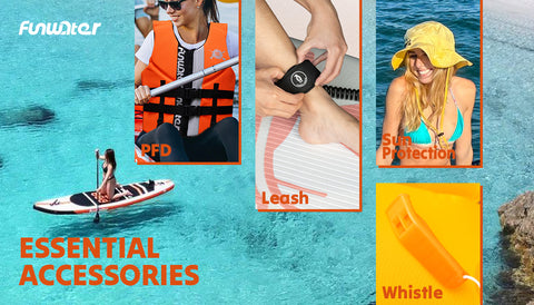 Paddle board essencial accessories: PFD, leash, whistle and cap