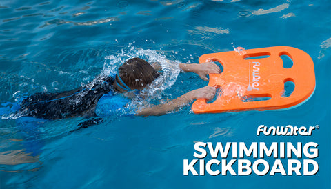 The man who is swimming with swimming kickboard