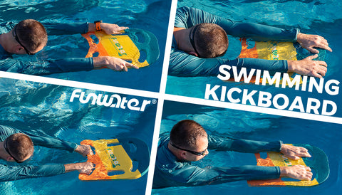 a man who is swimming with swimming kickboards in different postures