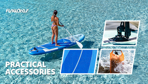 paddle board practical accessories: deck pad, waterproof dry bag, paddle holder