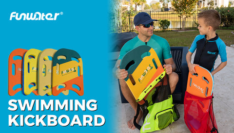 a man and child with swimming kickboards in their hands