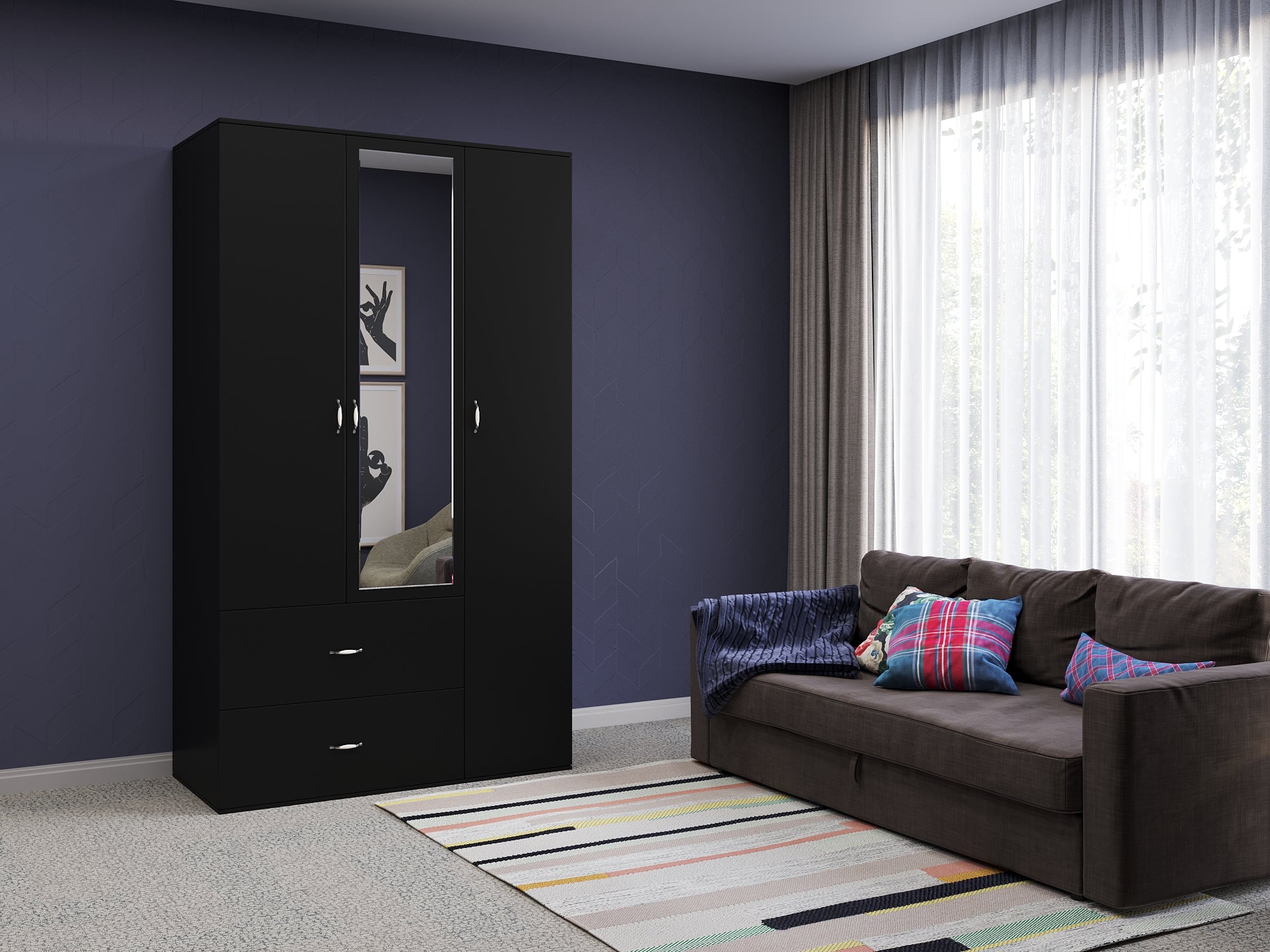 Orlando 3-Door, 2,3 or 4 Drawer Wardrobe with Mirror Armoire in Gray, Black, Wenge, White Colors