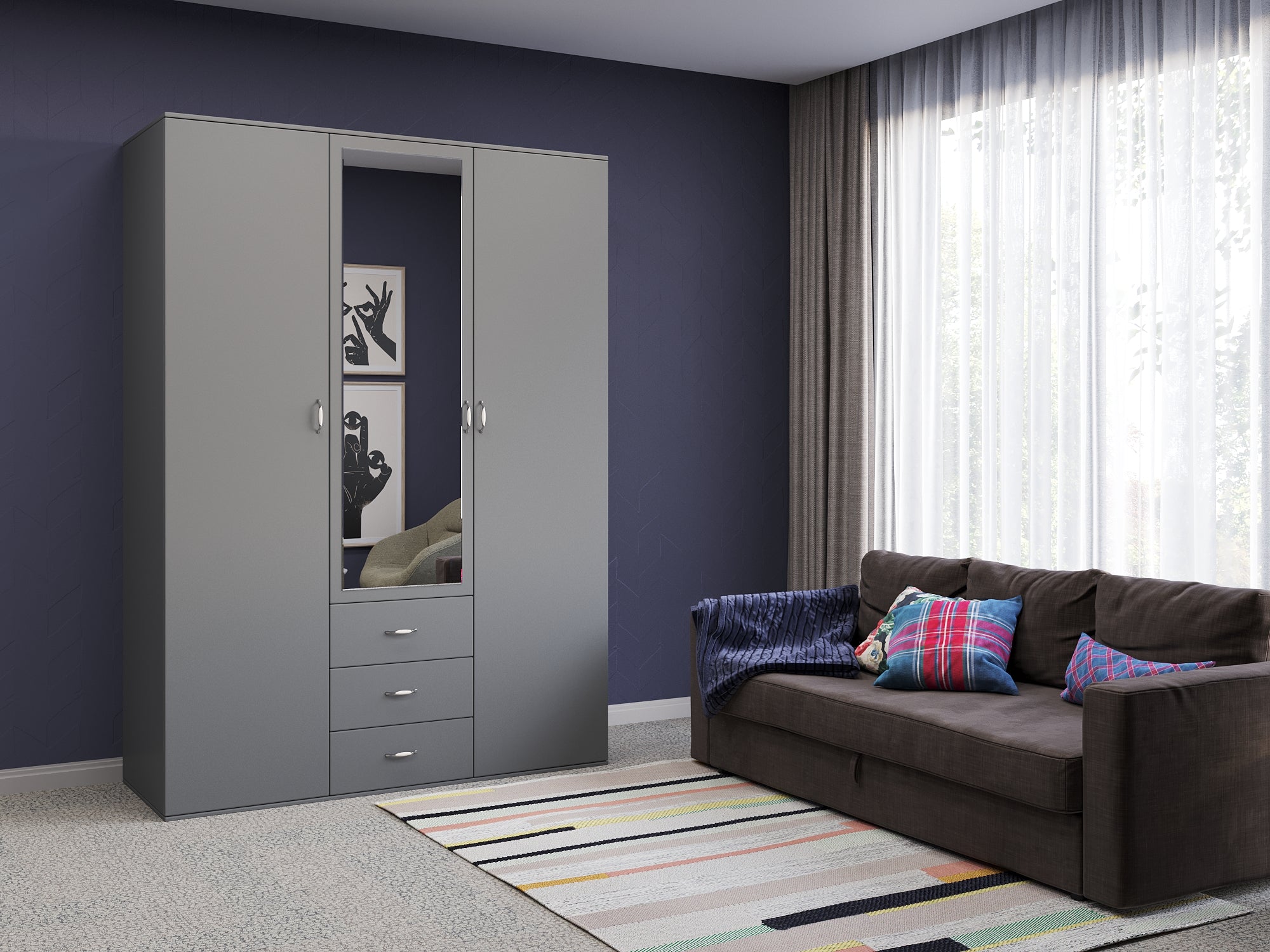 Orlando 3-Door, 2,3 or 4 Drawer Wardrobe with Mirror Armoire in Gray, Black, Wenge, White Colors