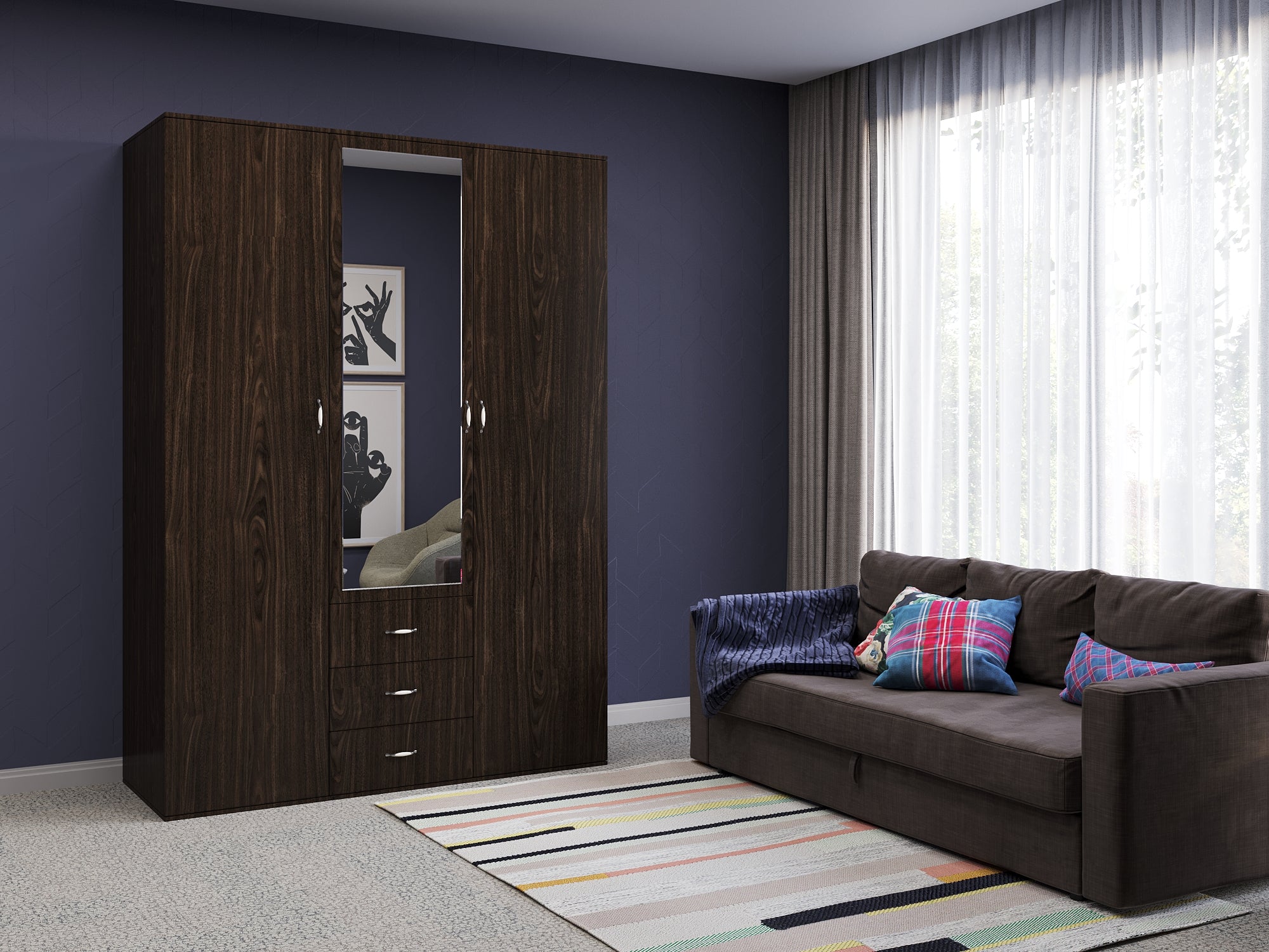 Orlando 3-Door, 2,3 or 4 Drawer Wardrobe with Mirror Armoire in Gray, Black, Wenge, White Colors