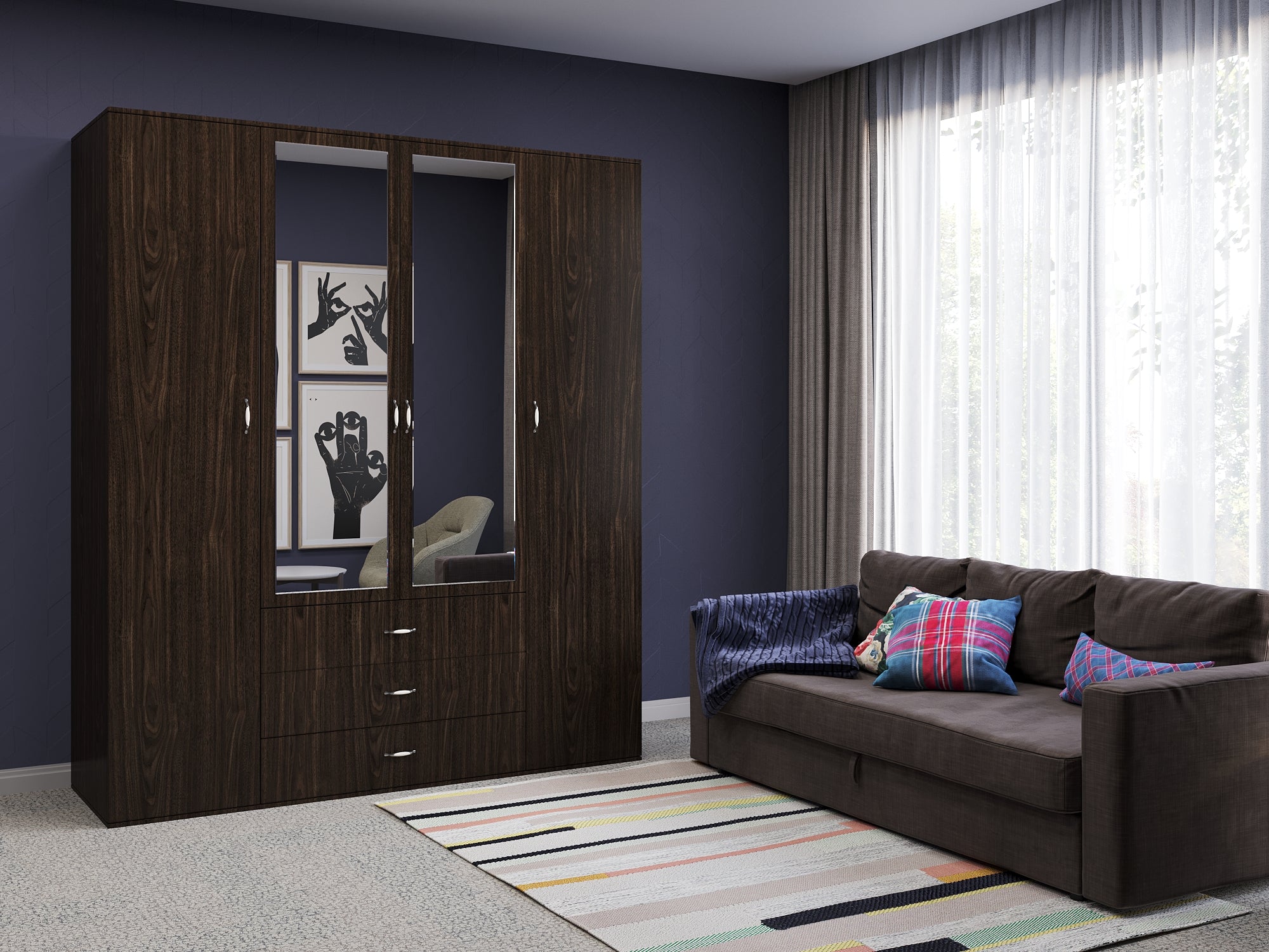 Orlando 3-Door, 2,3 or 4 Drawer Wardrobe with Mirror Armoire in Gray, Black, Wenge, White Colors