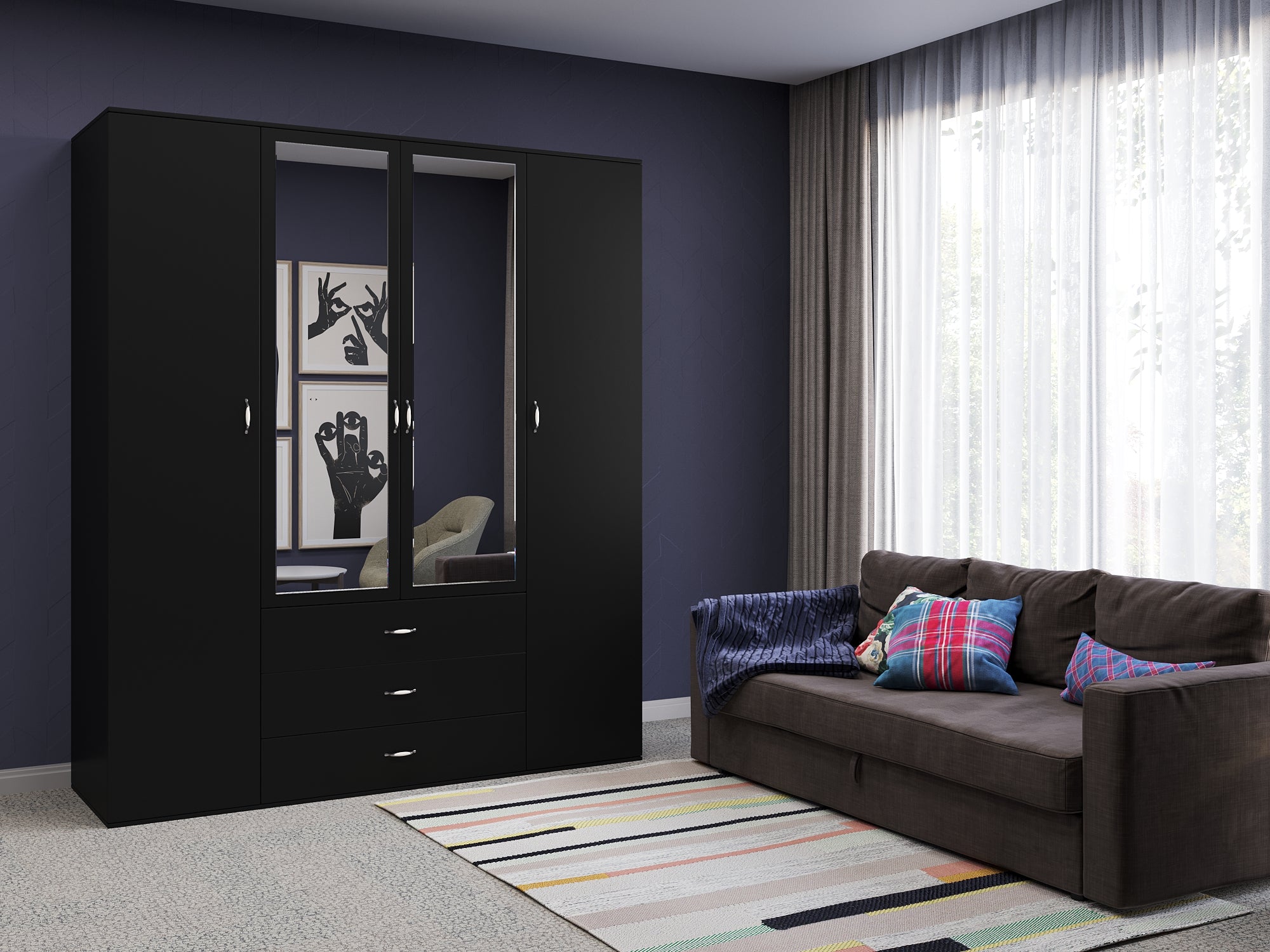 Orlando 3-Door, 2,3 or 4 Drawer Wardrobe with Mirror Armoire in Gray, Black, Wenge, White Colors