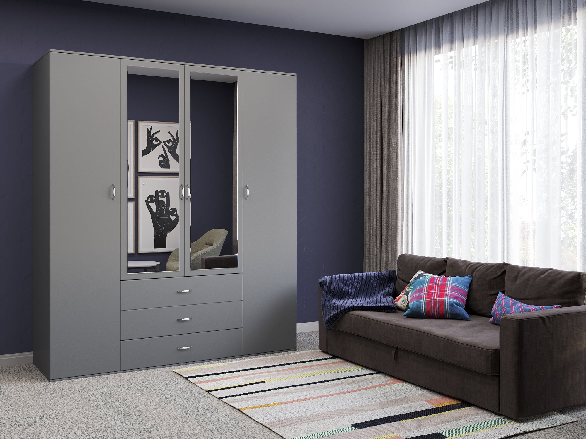 Orlando 3-Door, 2,3 or 4 Drawer Wardrobe with Mirror Armoire in Gray, Black, Wenge, White Colors