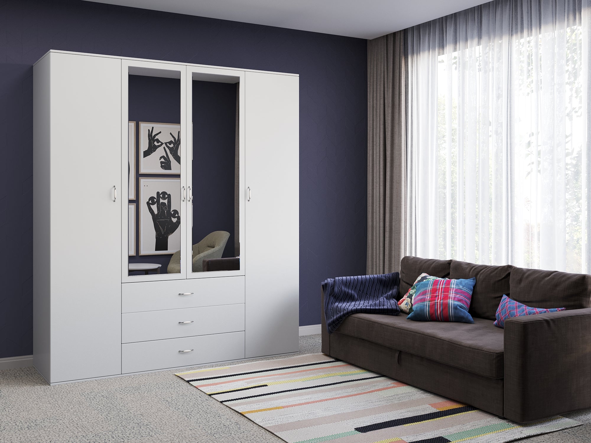 Orlando 3-Door, 2,3 or 4 Drawer Wardrobe with Mirror Armoire in Gray, Black, Wenge, White Colors