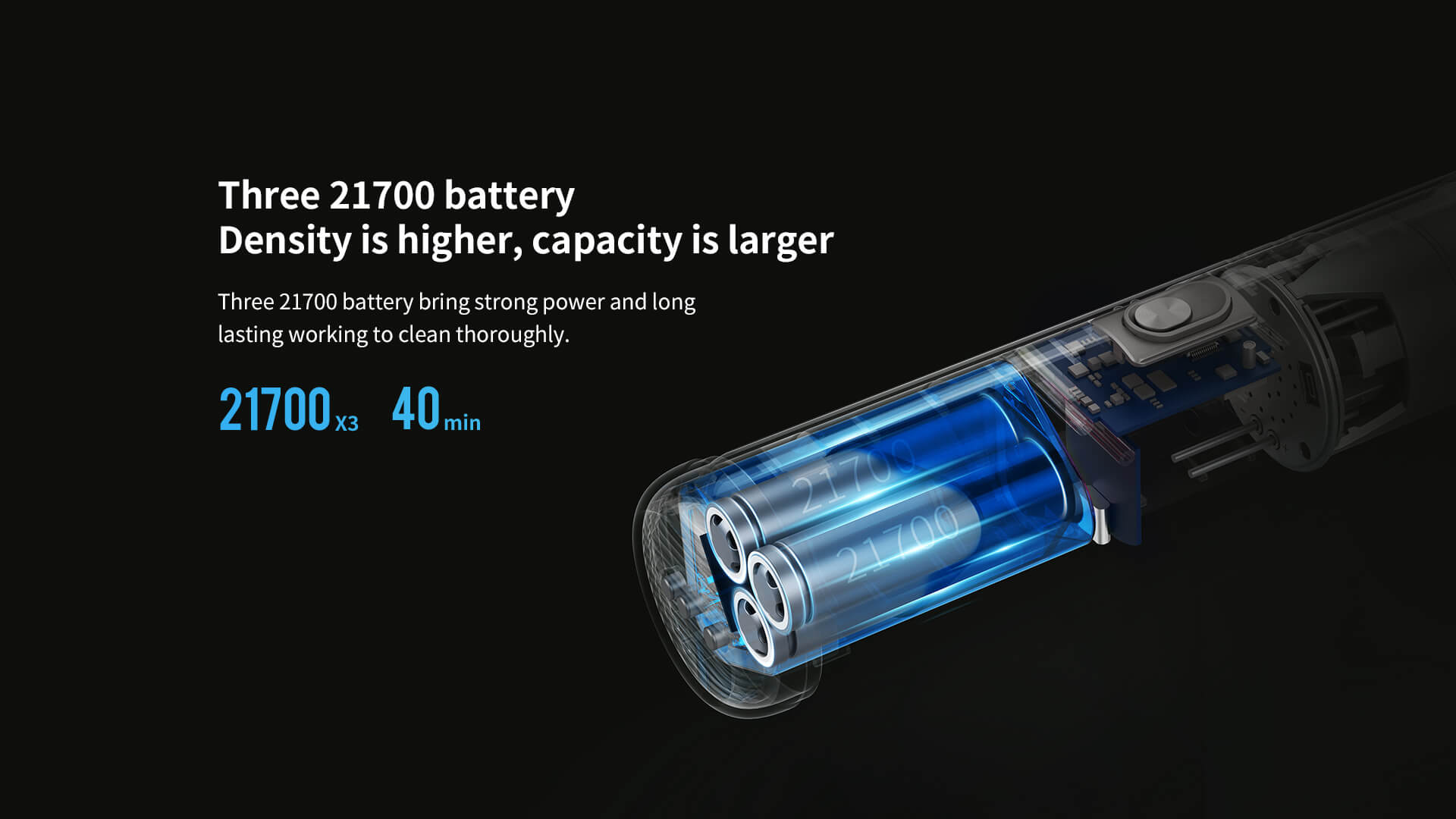 Three 21700 battery density is hight, capacity is larger, bring strong power and long lasting working to clean thoroughly.