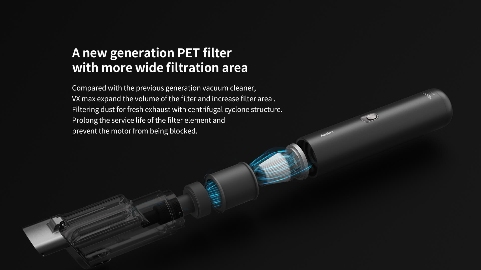 A new generation PET filter with more wide filtration areaCompared with the previous generation vacuum cleaner, VX max expand the volume of the filter and increase filter area.Filtering dust for fresh exhaust with centrifugal cyclone structure.Prolong the service life of the filter element and prevent the motor from being blocked