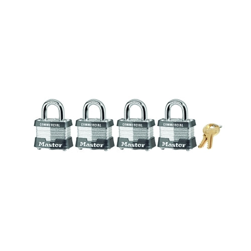 Master Lock No. 3 Laminated Steel Padlock, 9/32 Inches Dia, 5/8 Inches W X 3/4 Inches H Shackle, Silver/Gray, Keyed Alike, Varies - 4 per BOX - 3QCOM