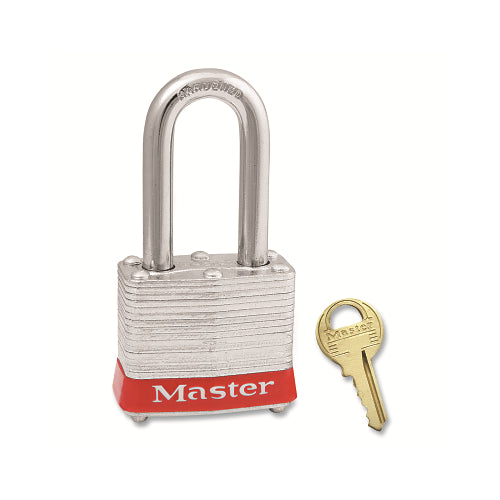 Master Lock No. 3 Laminated Steel Padlock, 9/32 Inches Dia, 5/8 Inches W X 2 Inches H Shackle, Silver/Red, Keyed Alike, Keyed 2541 - 6 per BX - 3KALHRED2541