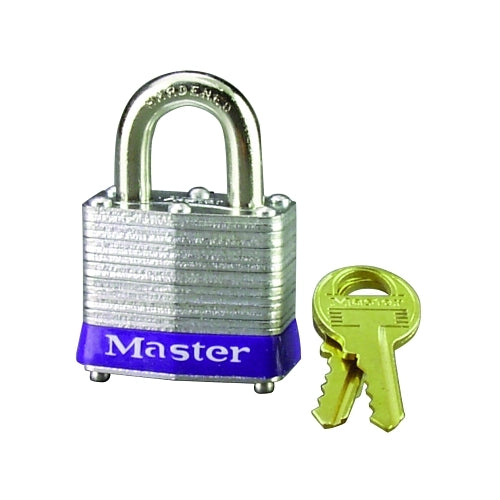 Master Lock No. 3 Laminated Steel Padlock, 9/32 Inches Dia, 5/8 Inches W X 3/4 Inches H Shackle, Silver/Blue, Keyed Different, Varies - 4 per BX - 3D