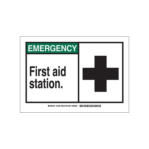 Brady Emergency First Aid Station Signs, 10W X 7H, Black/Green - 1 per EA - 21806