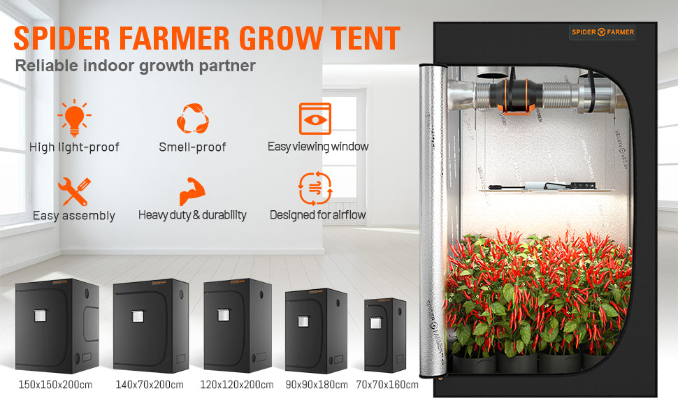Spider Farmer 90x90x180cm Grow Tent Box Hydroponic Plant Reflective 600D Oxford 