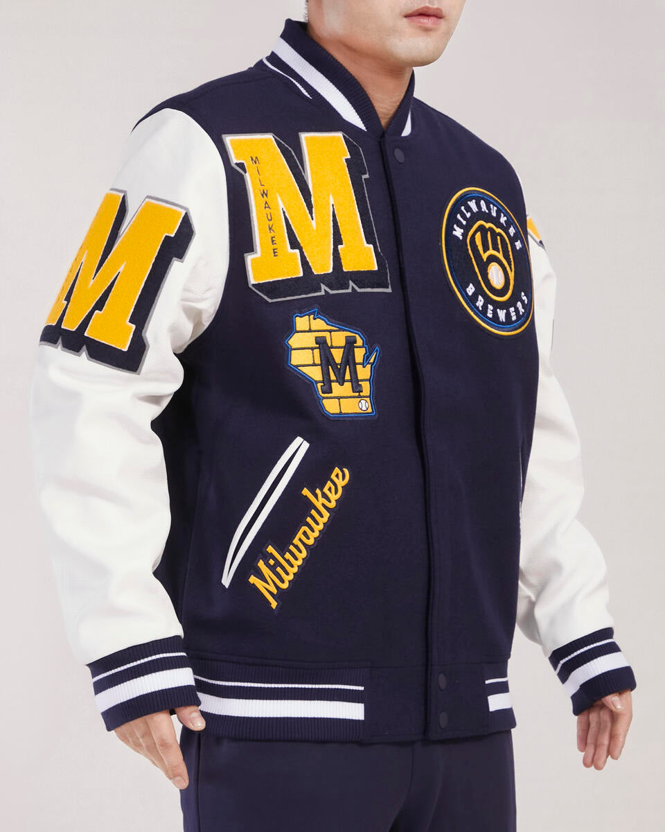 Navy Blue Milwaukee Brewers Pro Standard Logo Mashup Wool Varsity Heavy Jacket