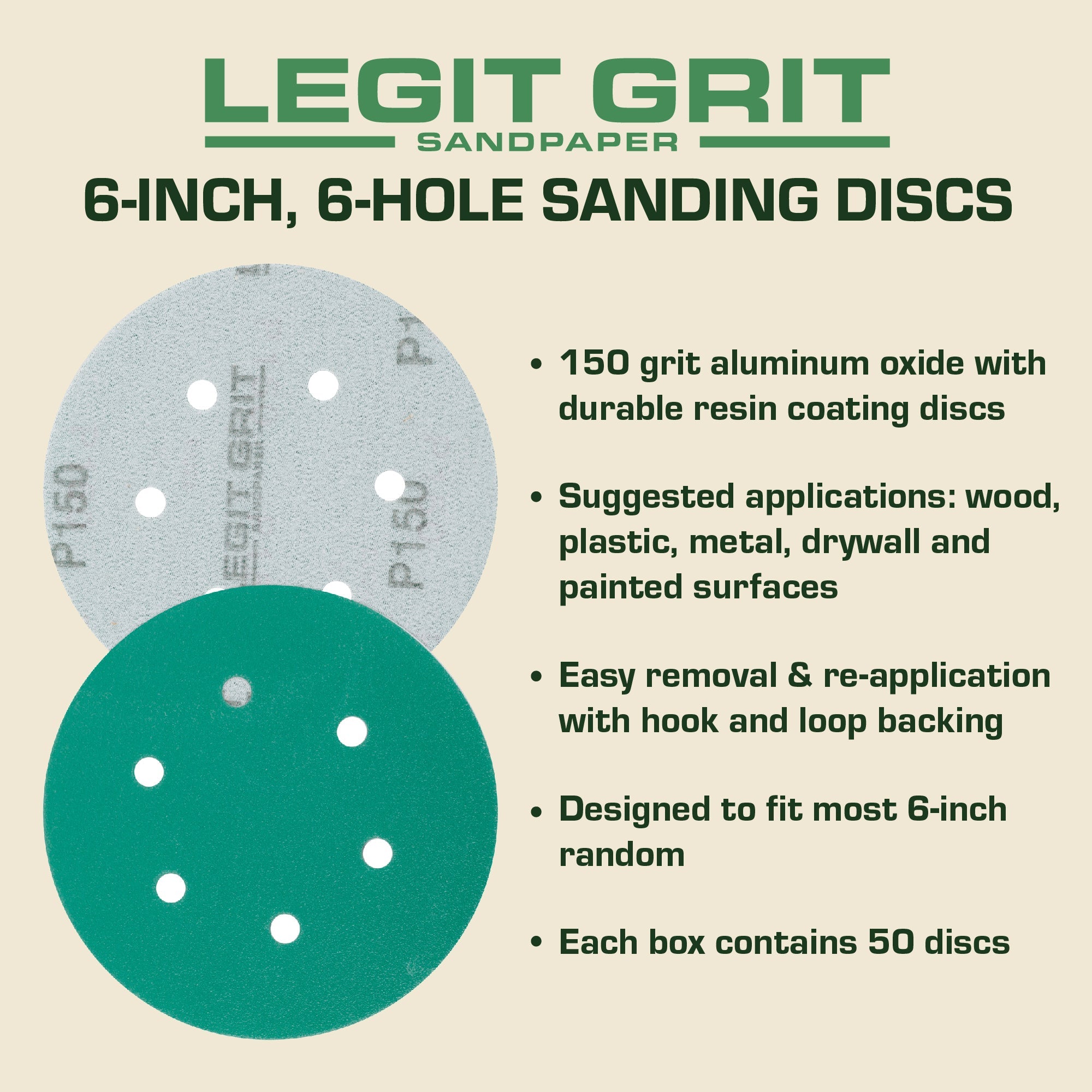 6-Inch 6-Hole Hook & Loop Sanding Discs, Single Grit, 50/100/150-Packs