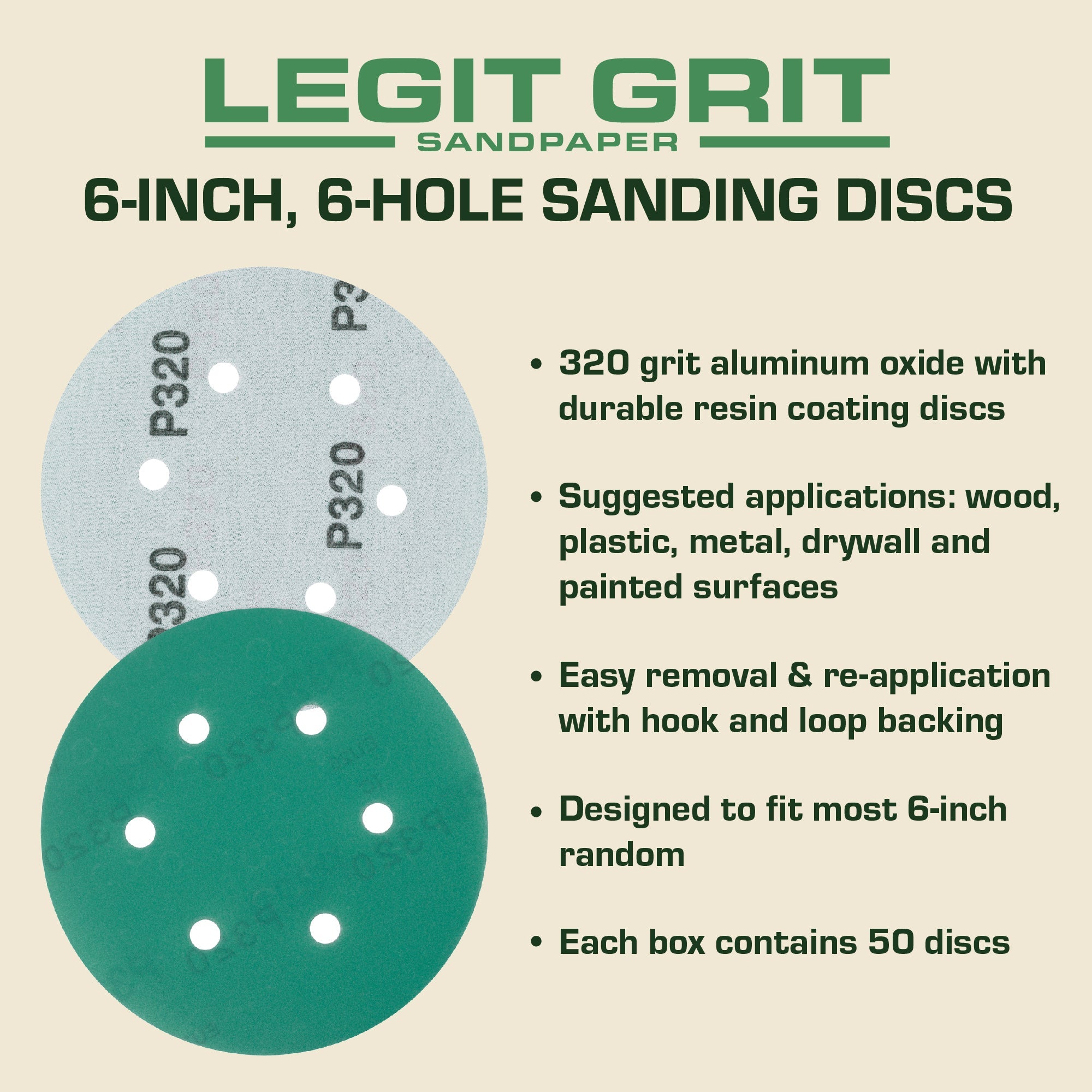 6-Inch 6-Hole Hook & Loop Sanding Discs, Single Grit, 50/100/150-Packs