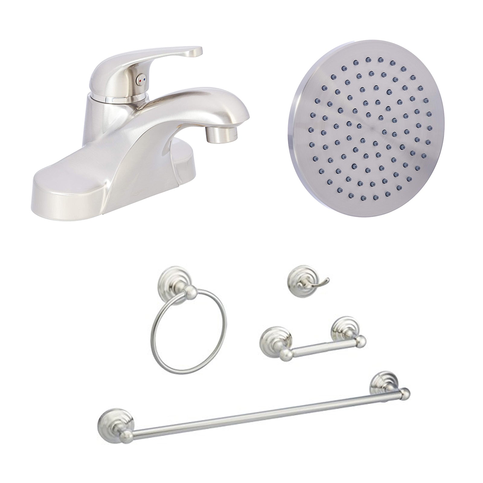 Satin Nickel 6-inch Rain Shower Head + Satin Nickel Single Handle 4-inch Bathroom Faucet 3-Hole Installation + 4-Piece Bathroom Accessories Set Including Towel Ring, Standard Toilet Paper Holder, 24-inch Towel Bar, and Robe Hook