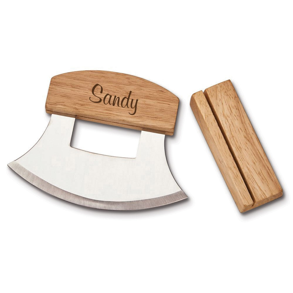 Stainless Steel Ulu Knife with Wooden Stand