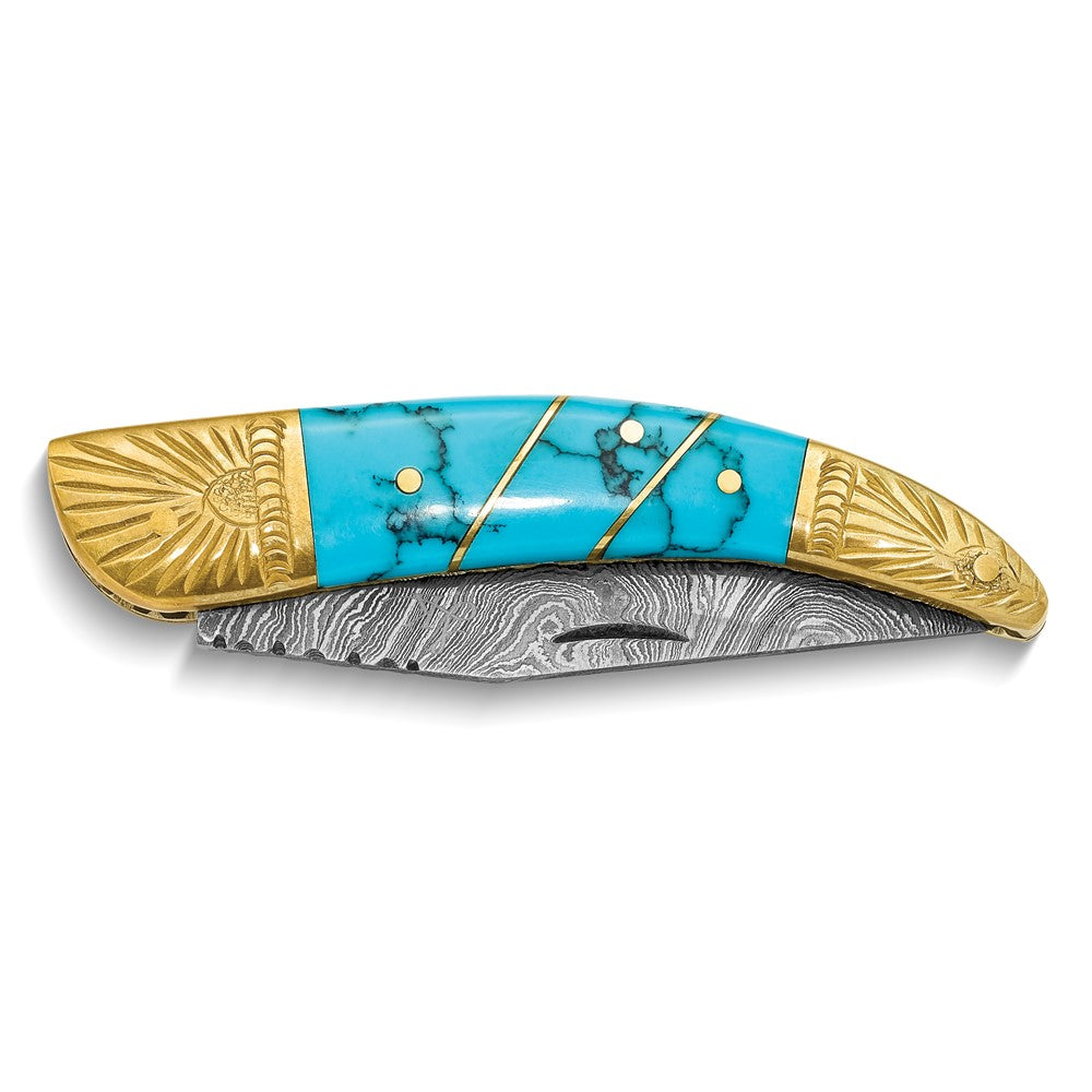 Luxury Giftware Damascus Steel 256 Layer Folding Blade Compressed Turquoise and Stone Handle Knife with Leather Sheath and Wooden Gift Box