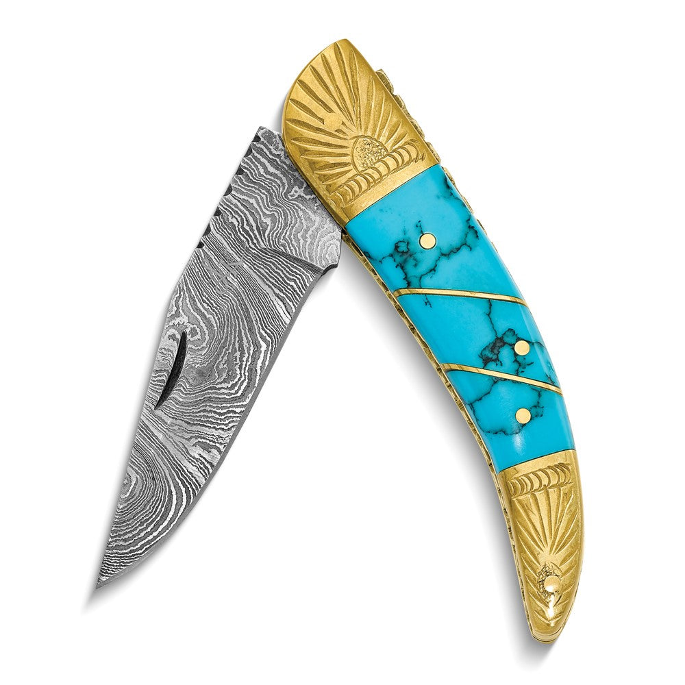 Luxury Giftware Damascus Steel 256 Layer Folding Blade Compressed Turquoise and Stone Handle Knife with Leather Sheath and Wooden Gift Box