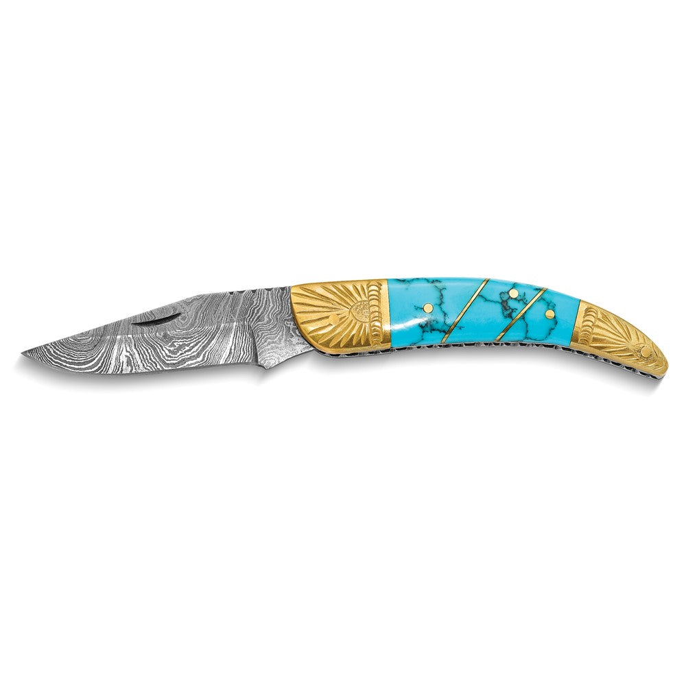 Luxury Giftware Damascus Steel 256 Layer Folding Blade Compressed Turquoise and Stone Handle Knife with Leather Sheath and Wooden Gift Box