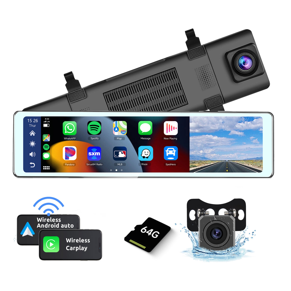 Front & Rear View Camera Car Driving Recorder with Wireless Carplay Android  Auto Car in-Mirror Mounted Dash Cam 11.26-inch IPS Touchscreen Support DVR