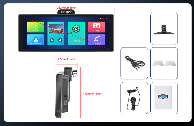 PODOFO 10.26 Inch Wireless Portable CarPlay Screen with 4K Dash Cam, HD Touchscreen Apple CarPlay screen Wireless Android Auto, ADAS, GPS Track, Bluetooth FM Car Audio Receiver