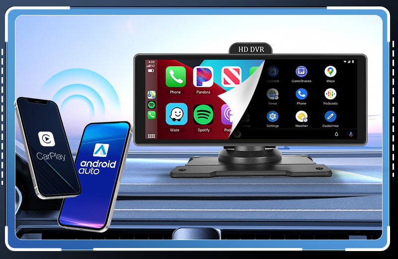 PODOFO 10.26 Inch Wireless Portable CarPlay Screen with 4K Dash Cam, HD Touchscreen Apple CarPlay screen Wireless Android Auto, ADAS, GPS Track, Bluetooth FM Car Audio Receiver