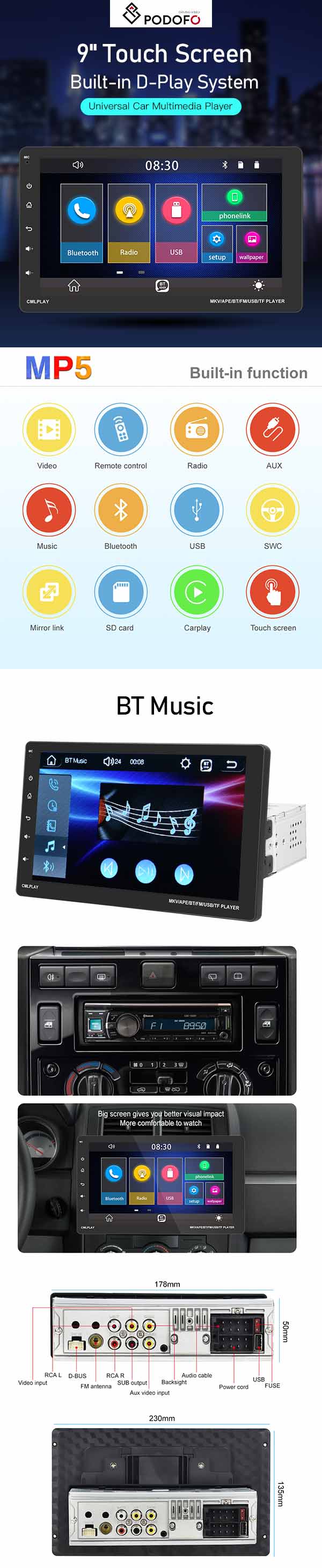 Radio para Coche PODOFO 9" MP5: Experiencia Multimedia en tu Viaje