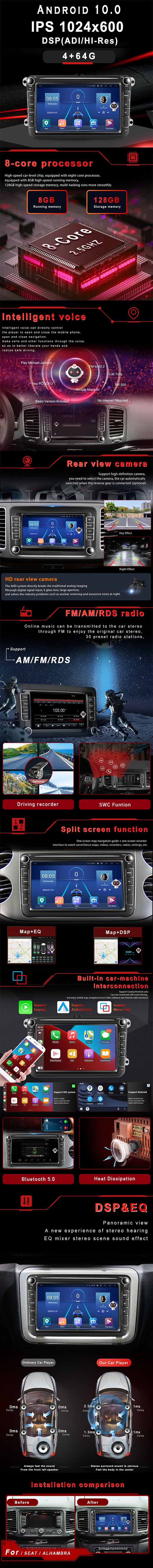 PODOFO  Android 10 Car Radio Stereo, 9 inch QLED capacitive screen Touch Screen HD, GPS, Bluetooth,AI car Player